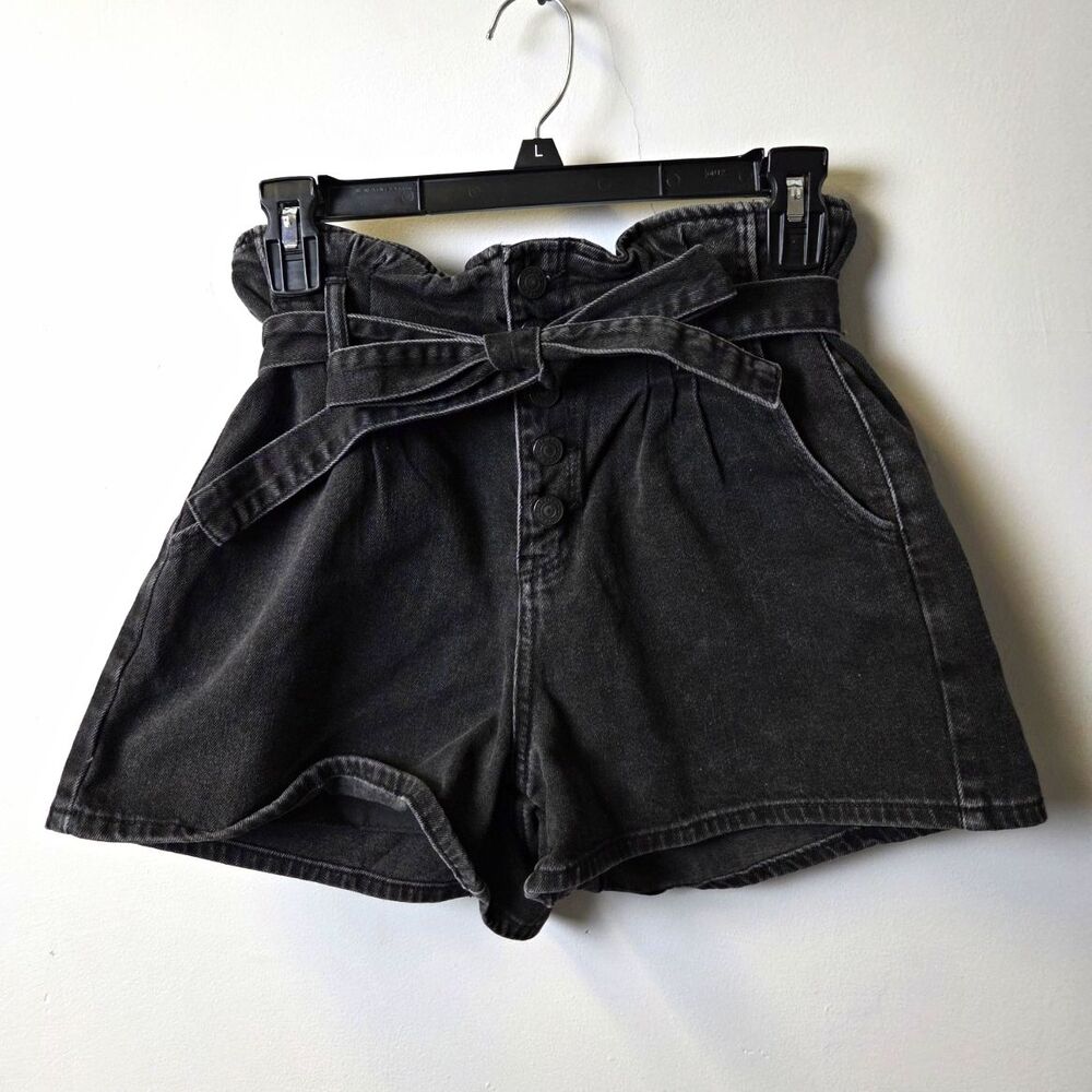American Eagle Paperbag High Rise Black Denim Shorts Belted Pockets 10